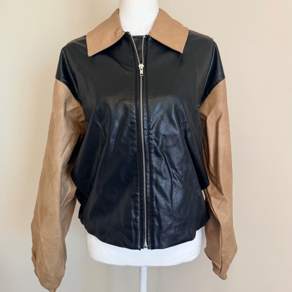 NWT Elan Oakley bomber faux leather color block women's size medium oversized - Picture 8 of 12